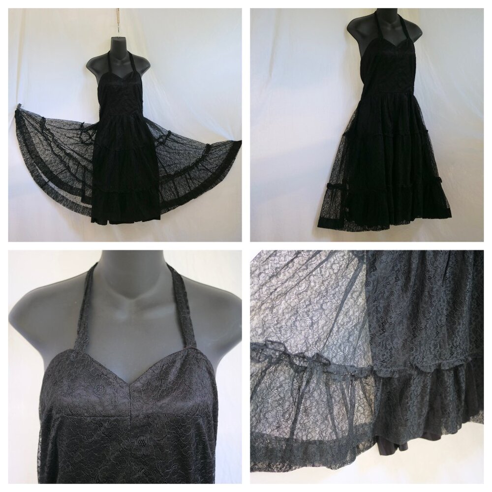 vtg 50s Black Lace Halter Tiered Full Swing Dress Satin Lining 26" Waist S Party